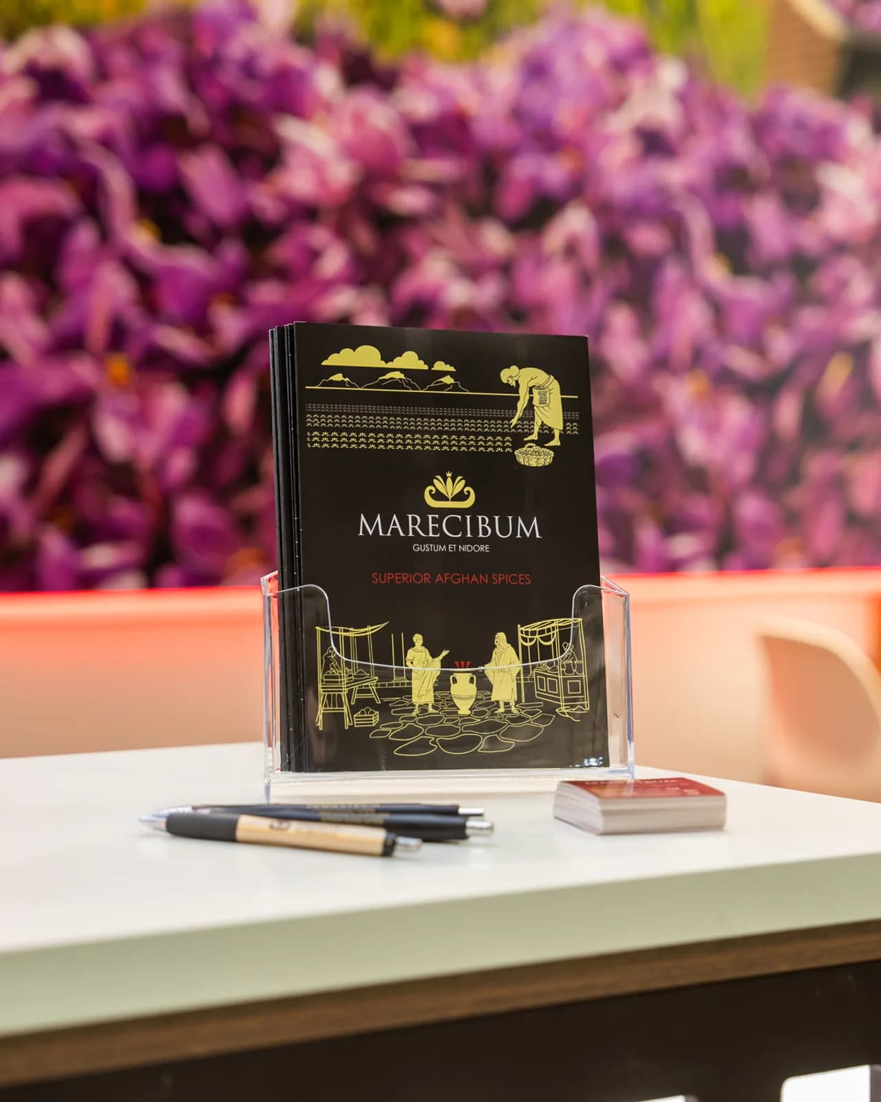 Marecibum brochures in a holder on a trade-stand table, with the Consortium's crocus wall behind